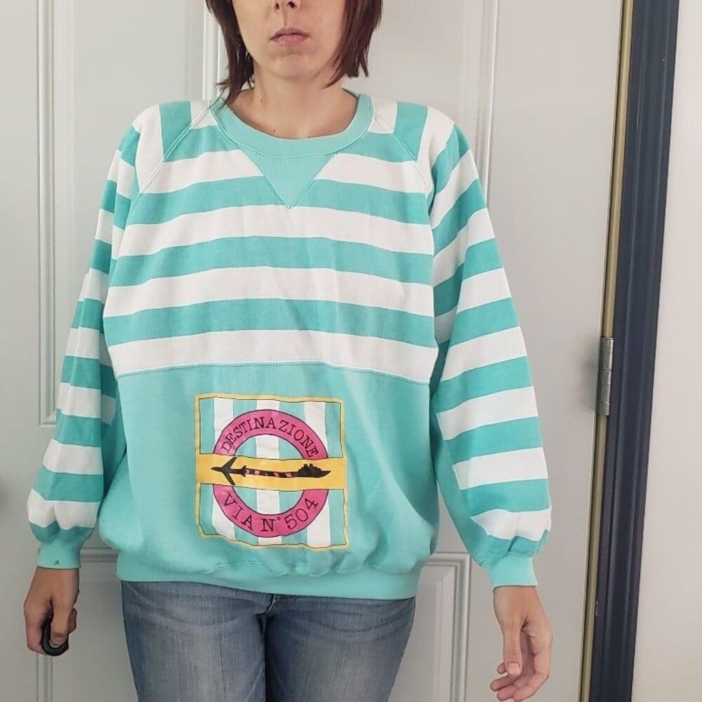 90s‎ Aqua and White Striped Crew Neck Sweatshirt